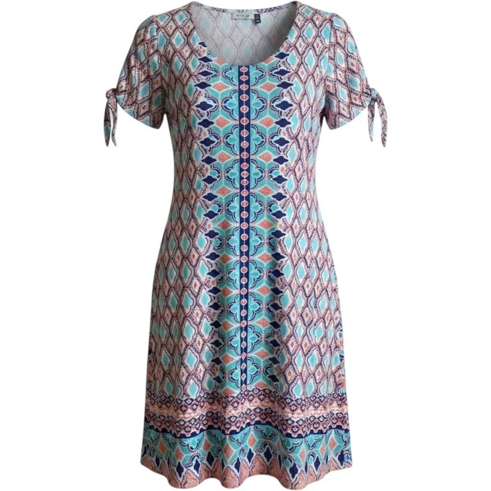 Cabana Life Shift Dress M Blue Coral Tile Print Tie Sleeve Pockets Resortwear